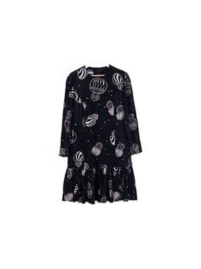Vtg Louis Feraud Dress US 14 Black Cream Perfume Bottles Graphic Drop Waist Mod